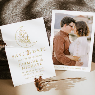 Elegante botanische Mond- und Sterne-Gold-Foto Save The Date