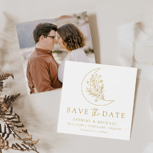 Elegante botanische Mond- und Sternen-Goldhochzeit Save The Date