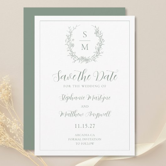 Elegante Botanische Monogramm-Grünen Hochzeit Save The Date