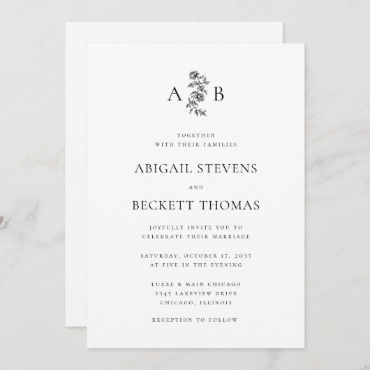 Elegante Botanische Monogramm-Hochzeit Einladung (Vorne/Hinten)