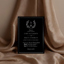 Elegante Botanische Monogramm-Wreath-Black-Hochzei