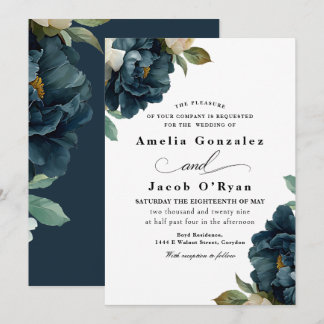 Elegante botanische navyblaue Hochzeit  Einladung