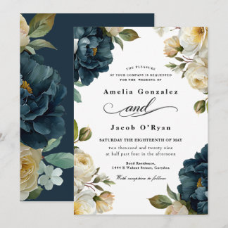 Elegante botanische navyblaue Hochzeit  Einladung