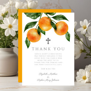 Elegante botanische Orangen Mädchen-Taufe Dankeskarte