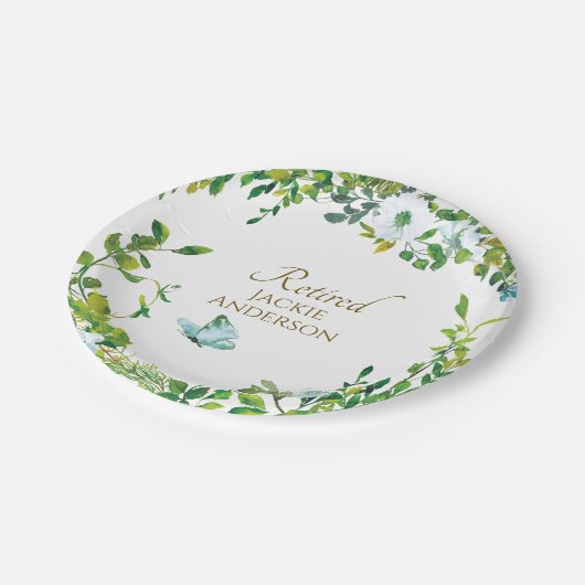 Elegante botanische RETIRED RETIREMENT Party Telle Pappteller (Schrägansicht)