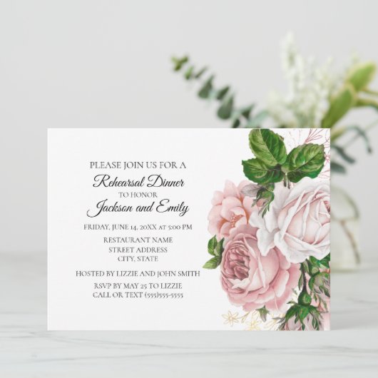 Elegante Botanische Rosa Bläsernavy Weiße Probe Einladung (Stehend Vorderseite)