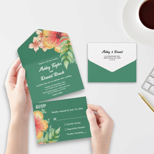 Elegante Botanische Rose Grüner Fall Blumenhochzei All In One Einladung