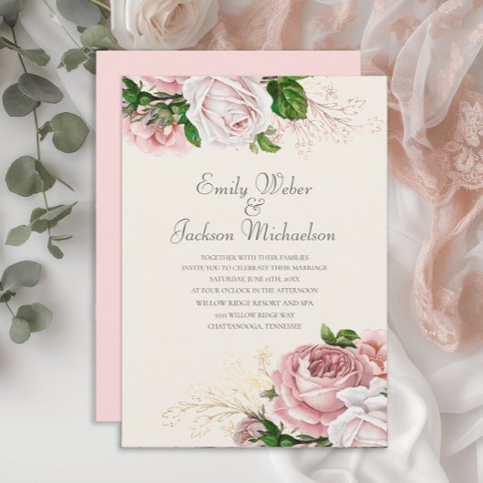 Elegante Botanische Rose Rosa Blütencreme Hochzeit Einladung