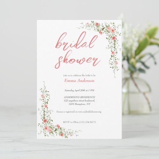 Elegante botanische Rose Rosa Brautparty Einladung (Stehend Vorderseite)