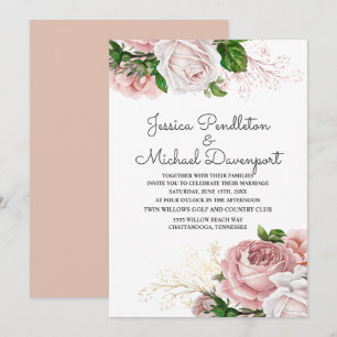 Elegante botanische Rosen Rosa Floral Weiße Hochze Einladung