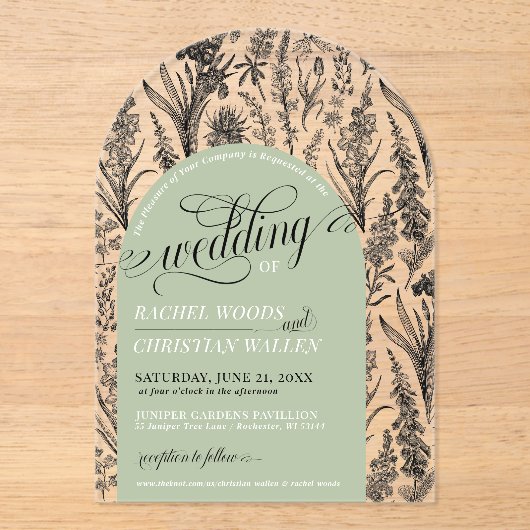 Elegante Botanische Sage Green Einzigartige Arch H Acryleinladungen (Vorderseite)