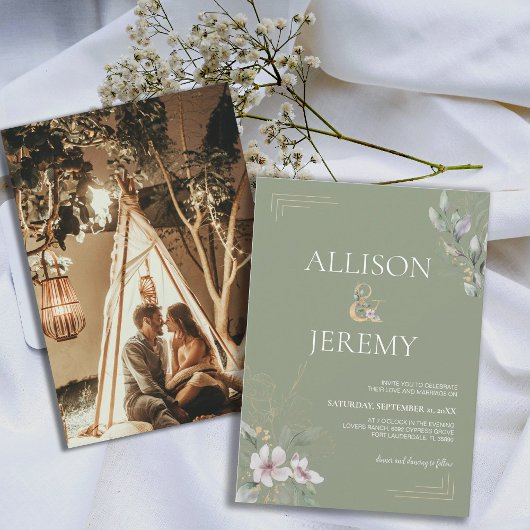 Elegante botanische Sage Green Gold Hochzeit Einla Einladung