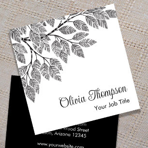 Elegante botanische Schwarz-Weiß-Baumzweig-Blattwe Quadratische Visitenkarte