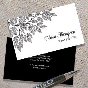 Elegante botanische Schwarz-Weiß-Baumzweig-Blattwe Visitenkarte