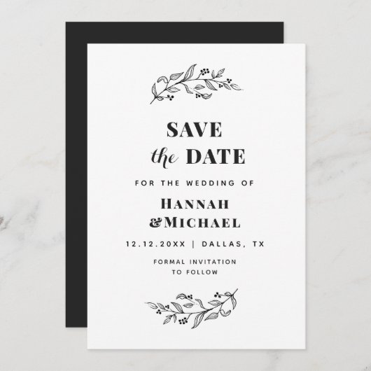 Elegante botanische Schwarz-Weiß-Gezeichnet Vegeta Save The Date (Vorne/Hinten)