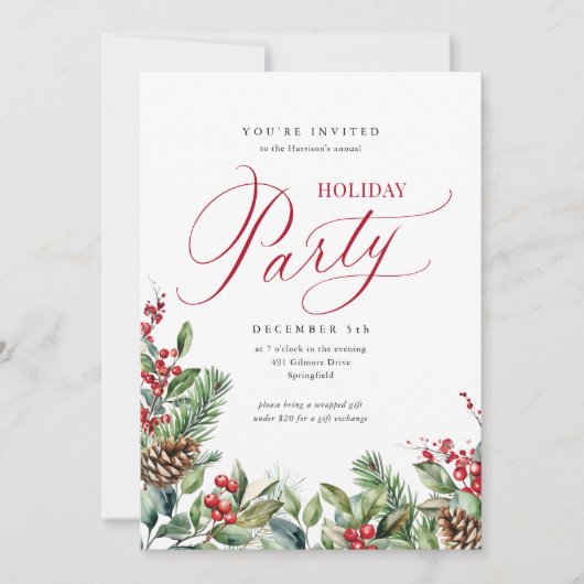 Elegante Botanische Script Holiday Party Einladung (Vorderseite)