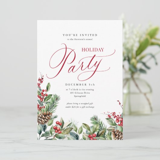 Elegante Botanische Script Holiday Party Einladung (Stehend Vorderseite)