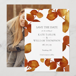 Elegante botanische Terrakotta-Blätter-Foto Save The Date