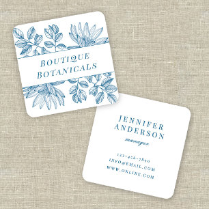 Elegante botanische Vintage-Typografie Blau Weiß Quadratische Visitenkarte