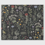 Elegante botanische Vintage Wildblumen Schwarz Geschenkpapier (Flach)