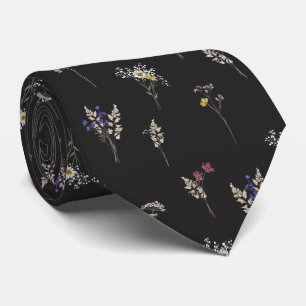 Elegante botanische Vintage-Wildblumen Schwarz Krawatte