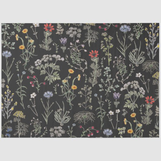 Elegante botanische Vintage Wildblumen Schwarz Seidenpapier (Vorderseite)