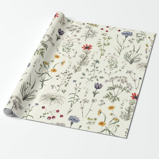 Elegante botanische Vintage Wildblumen Weiß Geschenkpapier (Ungerollt)