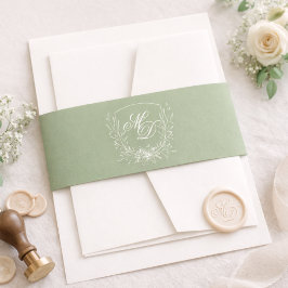 Elegante Botanische Wappen-Hochzeit in Salbeigrün Einladungsbanderole