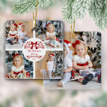 Elegante botanische Weihnachtsfamilie 5 Foto Keramikornament<br><div class="desc">Dieses elegante personalisierte Foto Collage Sake Weihnachtsschmuck weist den Namen in einem botanischen Splitter mit Glocken dekoriert,  umgeben von 4 Fotos auf der Vorderseite und ein fünftes Foto auf der Rückseite.</div>