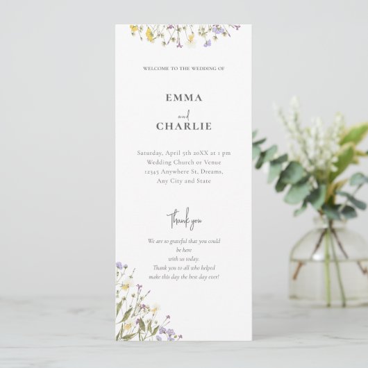 Elegante botanische Wildblume Script Wedding Programm (Stehend Vorderseite)