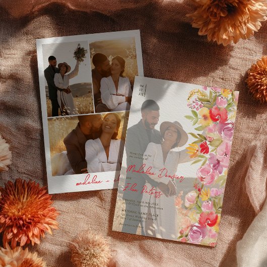 Elegante botanische Wildblumen 4 Foto Hochzeit Einladung