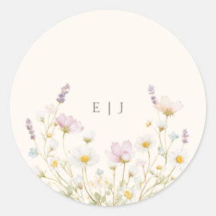 Elegante botanische Wildblumen-Monogramm-Hochzeit Runder Aufkleber
