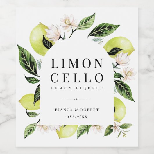 Elegante Botanische Zitronen Rahmen Limoncello Win Weinetikett (Einzelnes Label)
