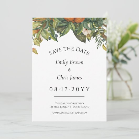 Elegante Botanische Zitrusfrüchte Hochzeit Save The Date (Stehend Vorderseite)
