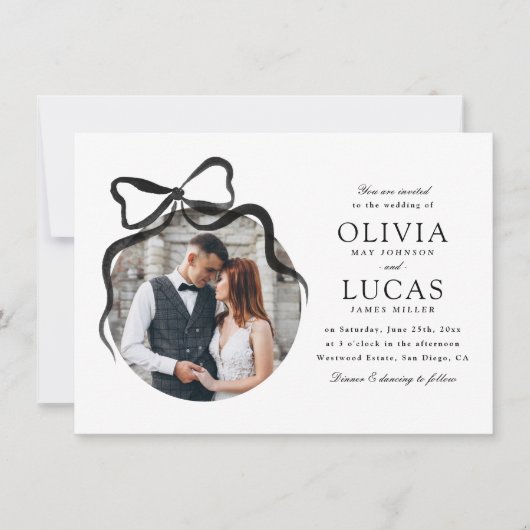 Elegante Bow All-In-One-Foto-Hochzeit in Schwarz u Einladung (Vorderseite)
