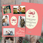 Elegante Bow Coral Blush Weihnachtsfoto Collage Feiertagskarte<br><div class="desc">Das Design bietet ein individualisierbares Layout für Ihre Fotos,  hervorgehoben durch eine festliche Bogen-Abbildung. Die helle Koralle mit Vintager Creme fügt eine zeitlose Touch hinzu,  die es perfekt macht,  um Familienurlaub und Freunden zu verbringen. Personalisieren Sie Ihren Familiennamen und gönnen Sie sich eine unvergessliche Urlaubssaison.</div>