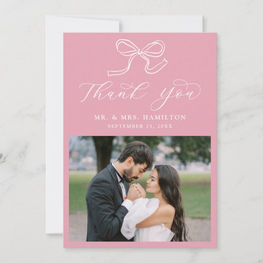 Elegante Bow Rose Rosa Foto Hochzeit Dankeskarte (Vorderseite)
