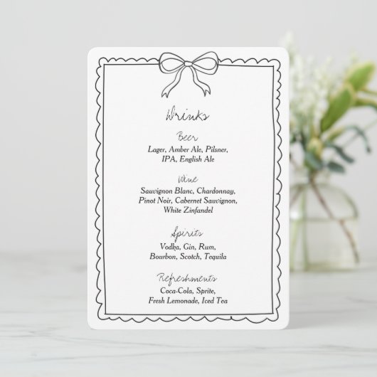 Elegante Bow Wedding Drinks Bar Menu Signatur (Stehend Vorderseite)