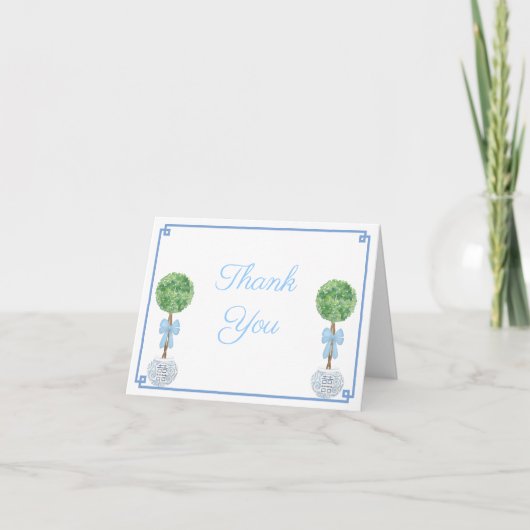 Elegante Boxwood Topiary Blue Baby Boy Dusche Dankeskarte (Vorderseite)