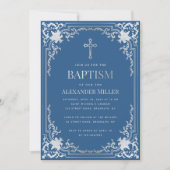 Elegante Boy Baptism Classic Blue Imitats Silver C Einladung (Vorderseite)