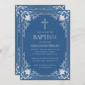 Elegante Boy Baptism Classic Blue Imitats Silver C Einladung (Vorne/Hinten)