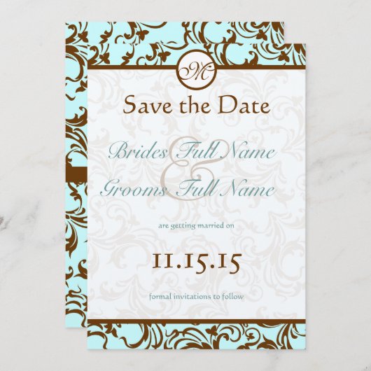 Elegante Braun Vintager Damast Einladung (Vorne/Hinten)