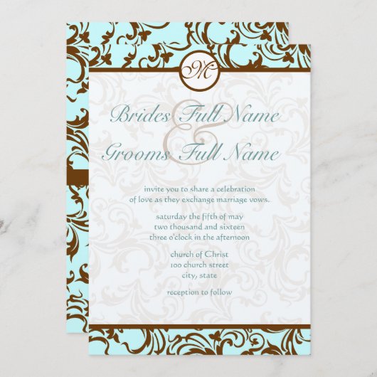Elegante Braun Vintager Damast Einladung (Vorne/Hinten)