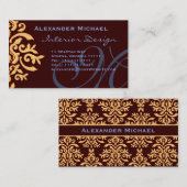 Elegante, braune Blue und Gold Damask Name Cards Visitenkarte (Vorne/Hinten)