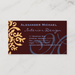 Elegante, braune Blue und Gold Damask Name Cards Visitenkarte
