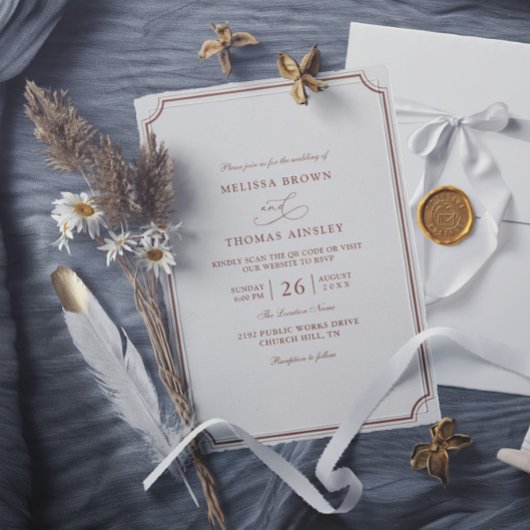 Elegante braune Ecru-Klassik-Budget-QR-Code-Hochze Einladung