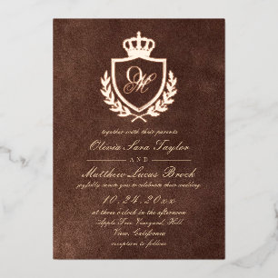 Elegante braune Faux-Textur Samt Gold Hochzeit Folieneinladung