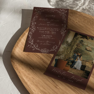 Elegante braune florale Hochzeit im Stil des alten Einladung