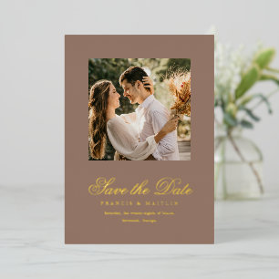 Elegante braune romantische Foto-Hochzeit Save the Folieneinladung