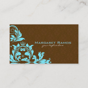 Elegante braune und blaue Vintage-Blumendamastmust Visitenkarte